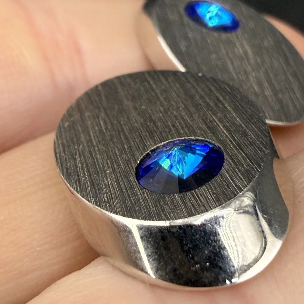 Vintage‎ Cuff Links Blue Rhinestone Silver Tone